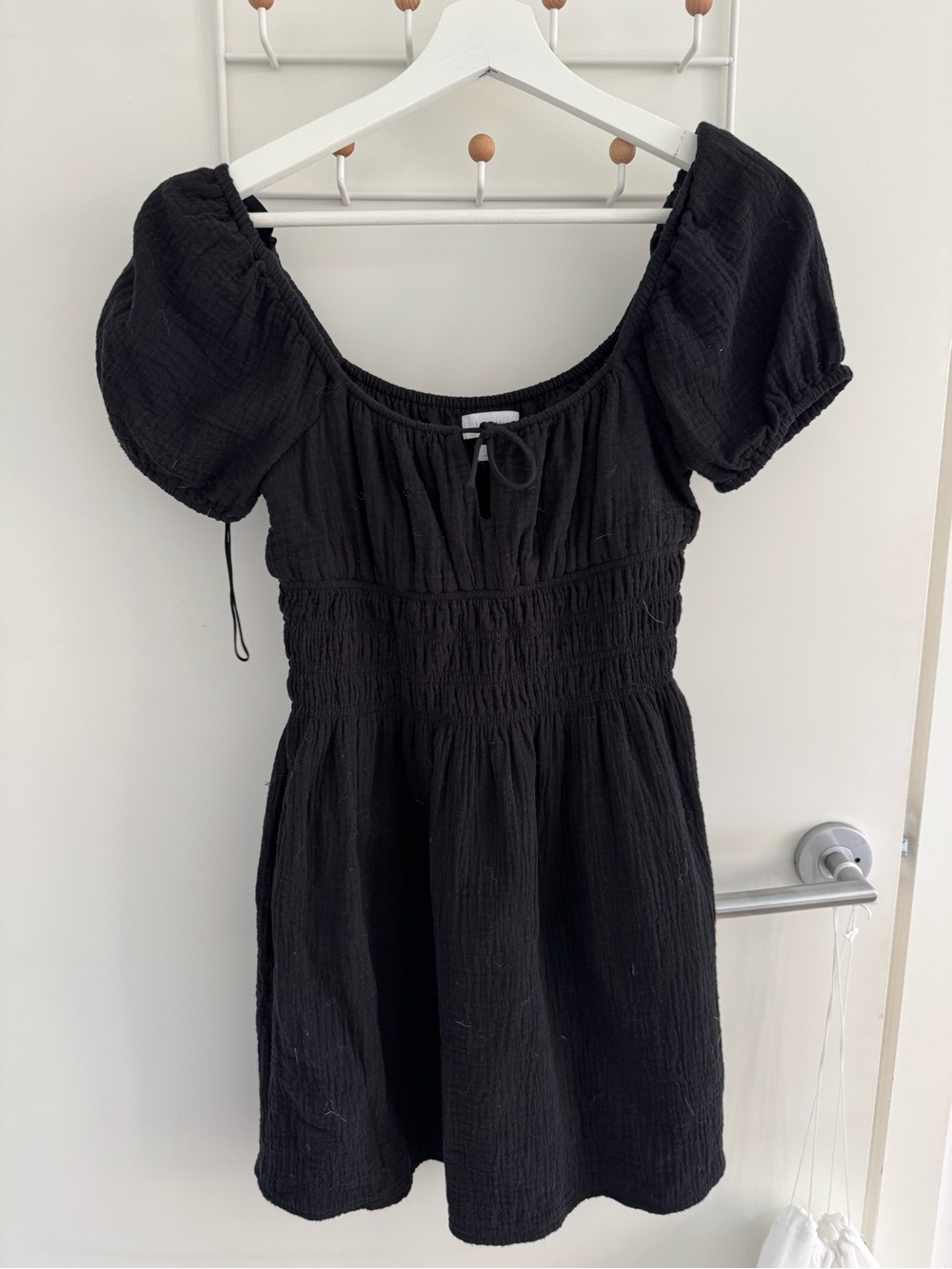 Aritzia Black Puff-Sleeve Smocked Mini Dress